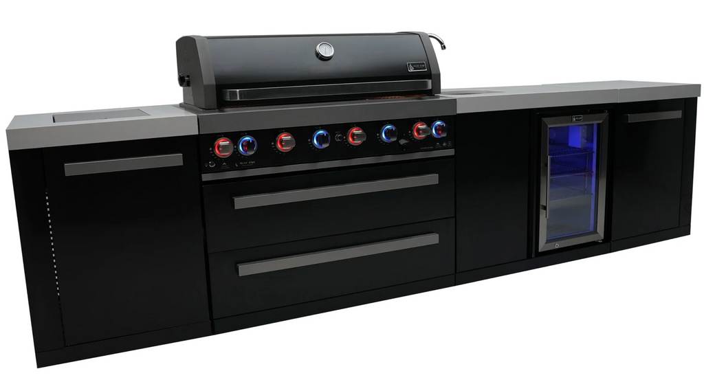 Mont Alpi 805 Black Stainless Steel Island with Beverage Center 6-Burner Grill  2 Infrared Burners Sink Fridge